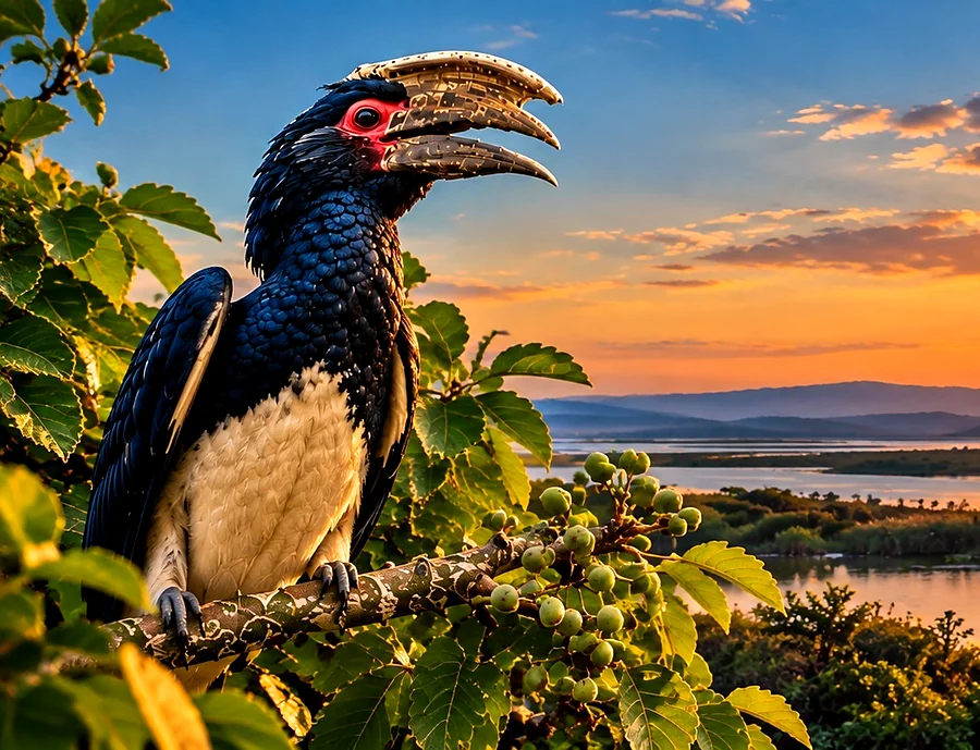 A trumpeter hornbill perched among fig leaves above the St Lucia estuary at sunset