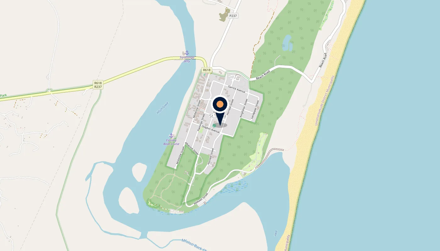 Map of St Lucia showing Boskraai Self-Catering on Hornbill Street, between the Hluhluwe estuary and the Indian Ocean beach